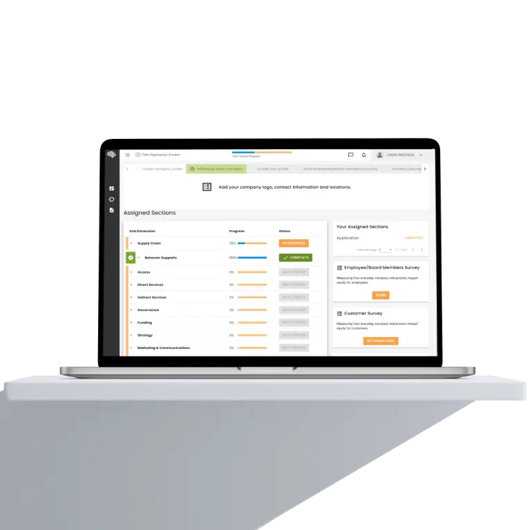 EquiScore Business Intelligence Dashboard Displayed on a Laptop Showing Survey and Progress Metrics