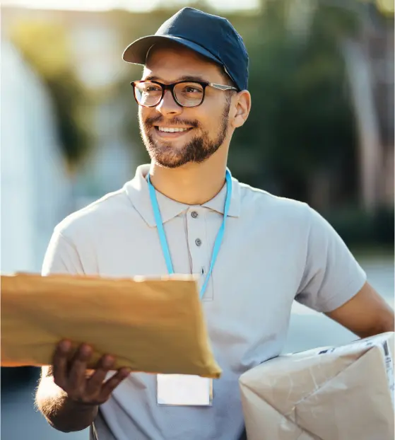 Delivery person smiling with packages in hands
