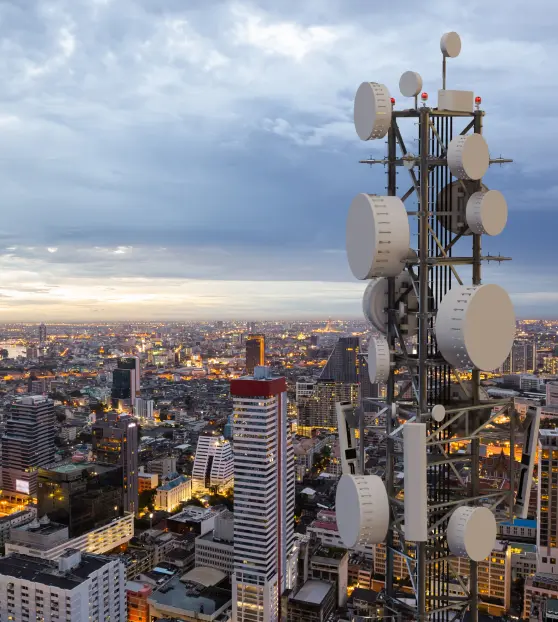 Enterprise Digital Infrastructure with Telecom Tower Overlooking Smart City