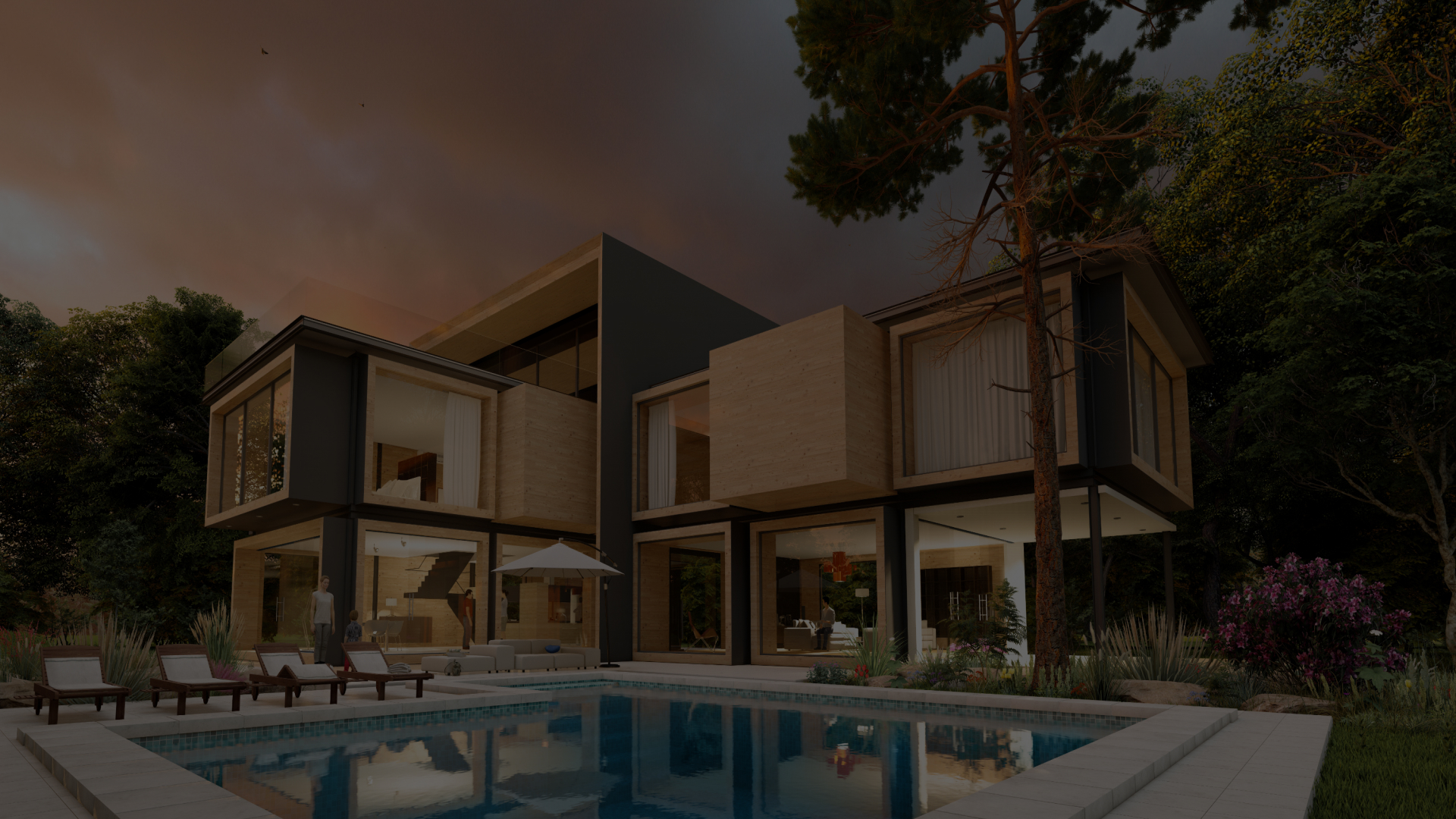 Modern house with lit interiors and a pool at dusk