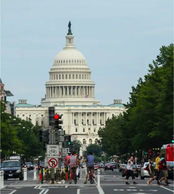 View of U.S. Capitol building from a busy street