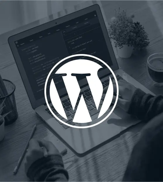 Laptop screen showing code with WordPress logo overlay