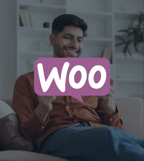 Smiling man with WooCommerce logo overlay