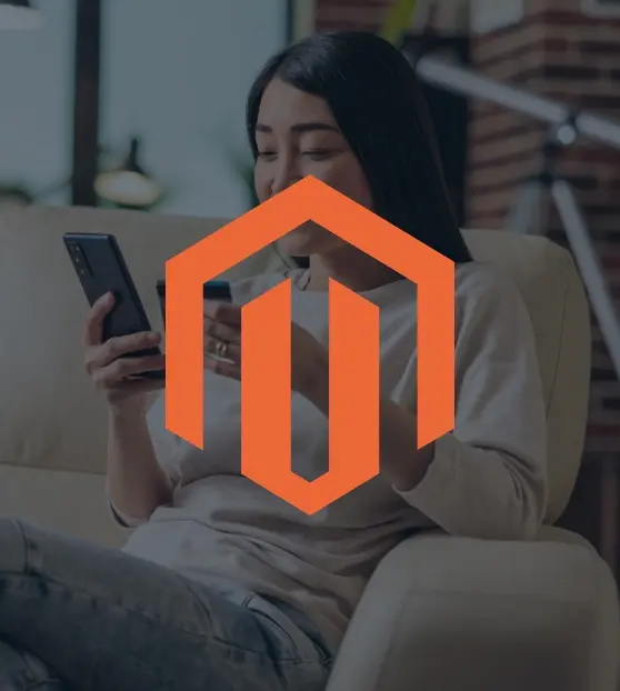 Woman using smartphone with Magento logo overlay