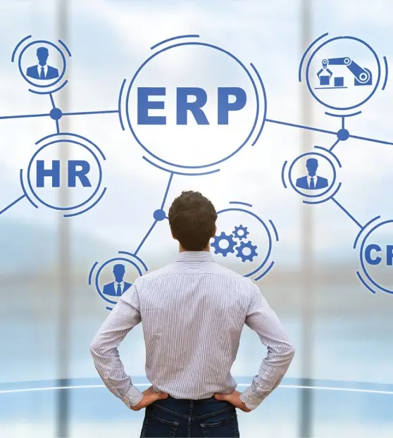 Man looking at ERP system diagram on a digital screen