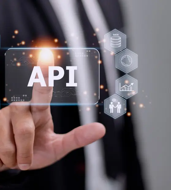 Finger touching virtual "API" button with icons