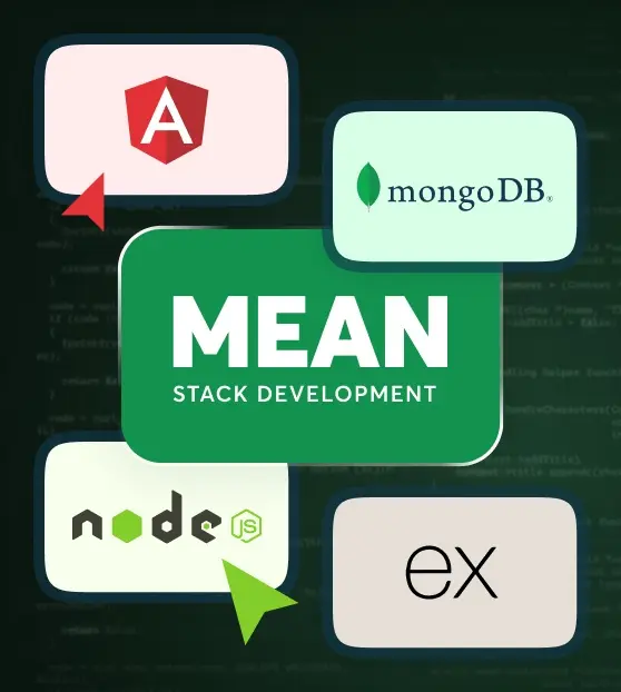MEAN stack development with logos of Angular, MongoDB, Node.js, and Express