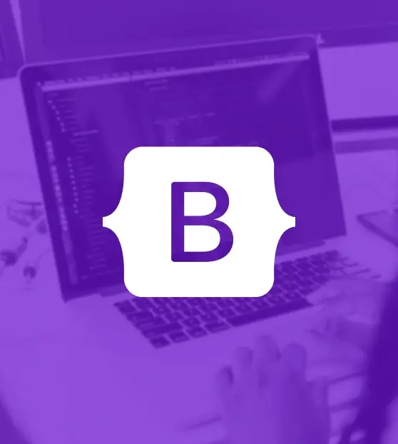 Bootstrap logo over a purple-tinted laptop screen.