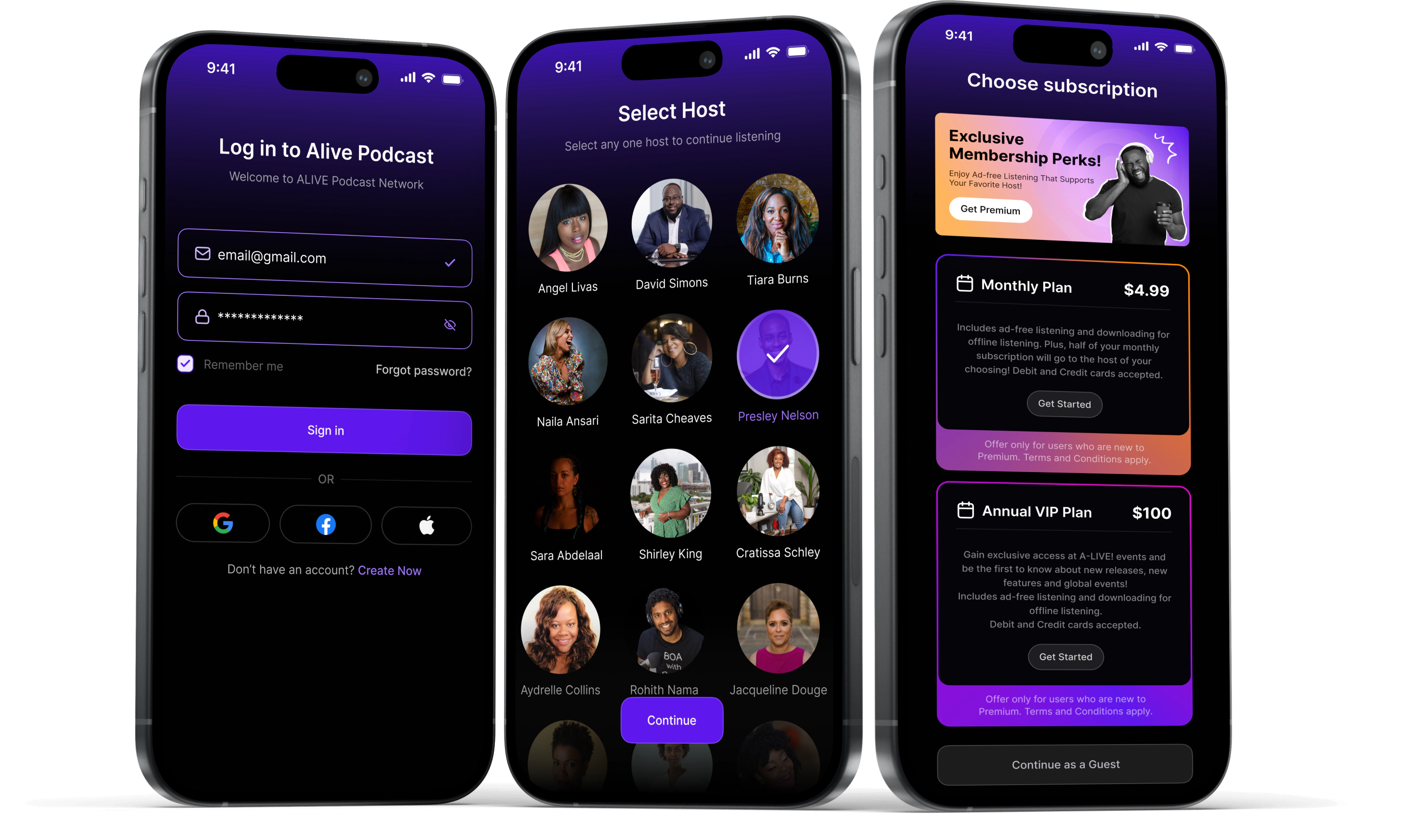 Alive Podcast app login host selection and subscription