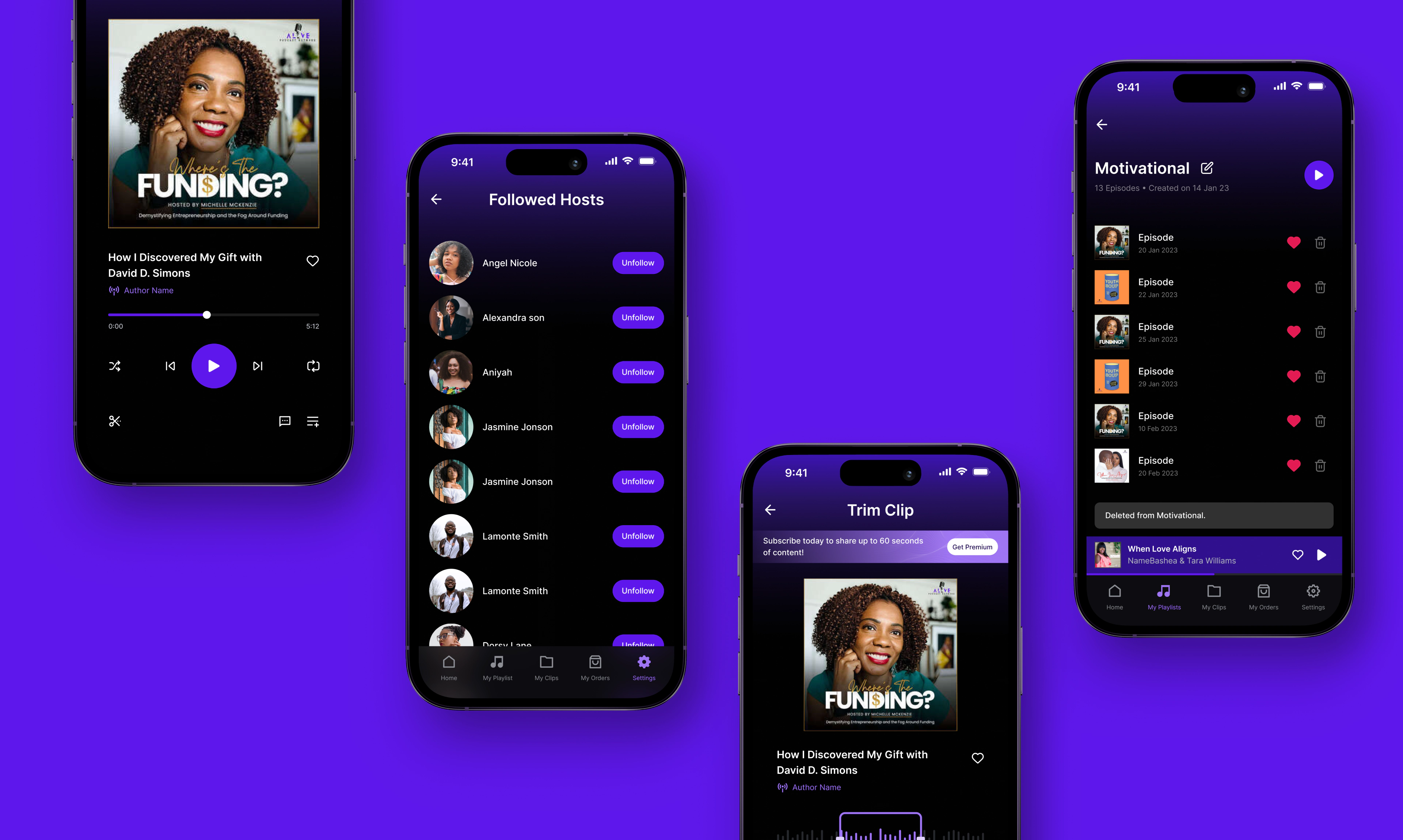Alive Podcast Mobile App showing playlist player and clips