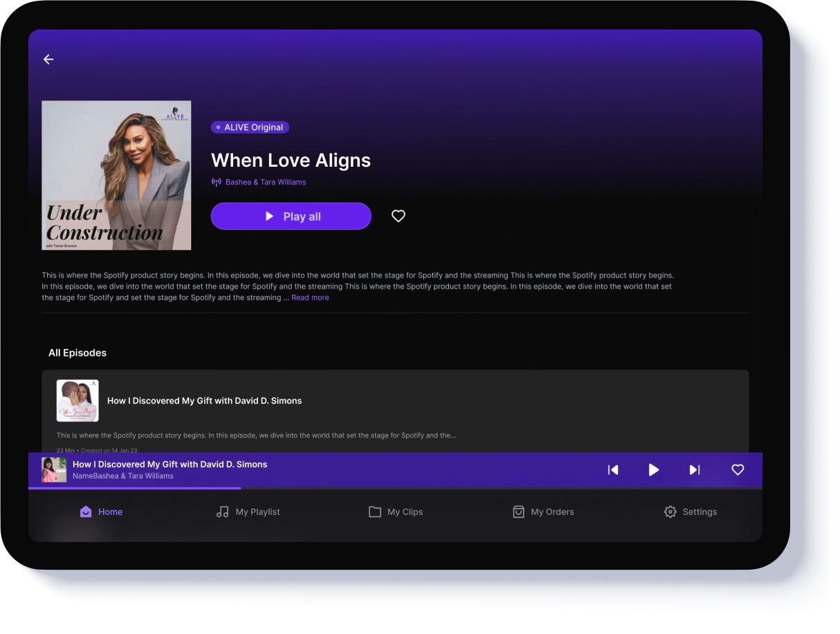 Alive App Podcast Episode Page showing songs playing