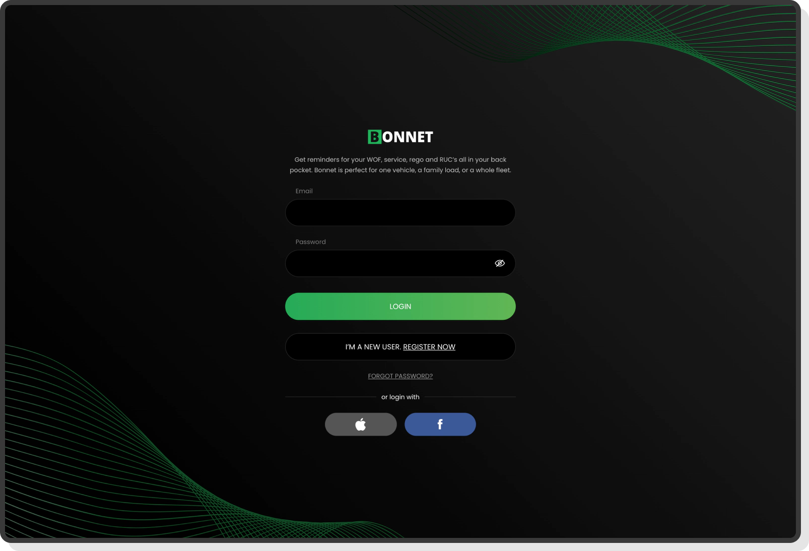 Bonnet app welcome screen with user login and location access