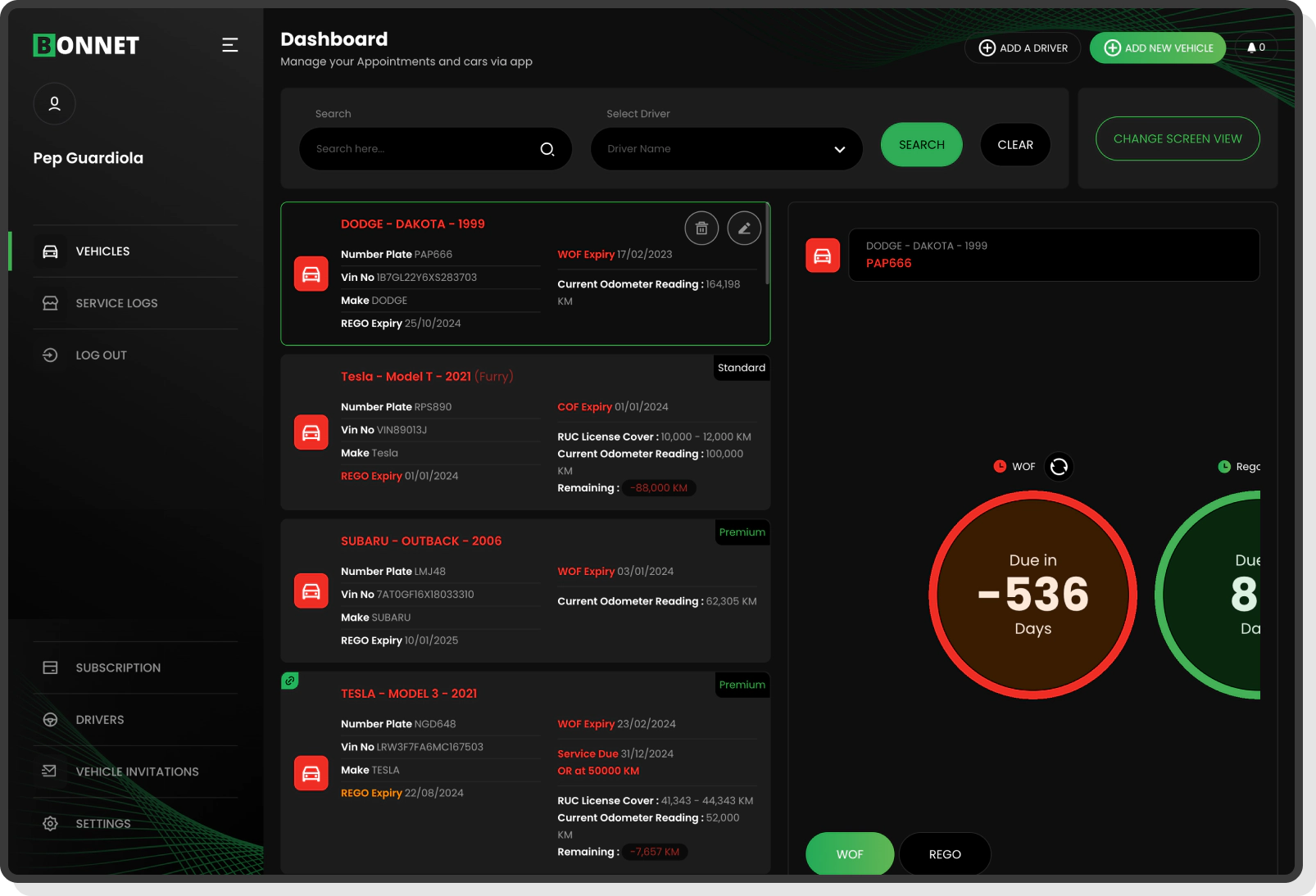 Bonnet registration screen with personal and vehicle info entry