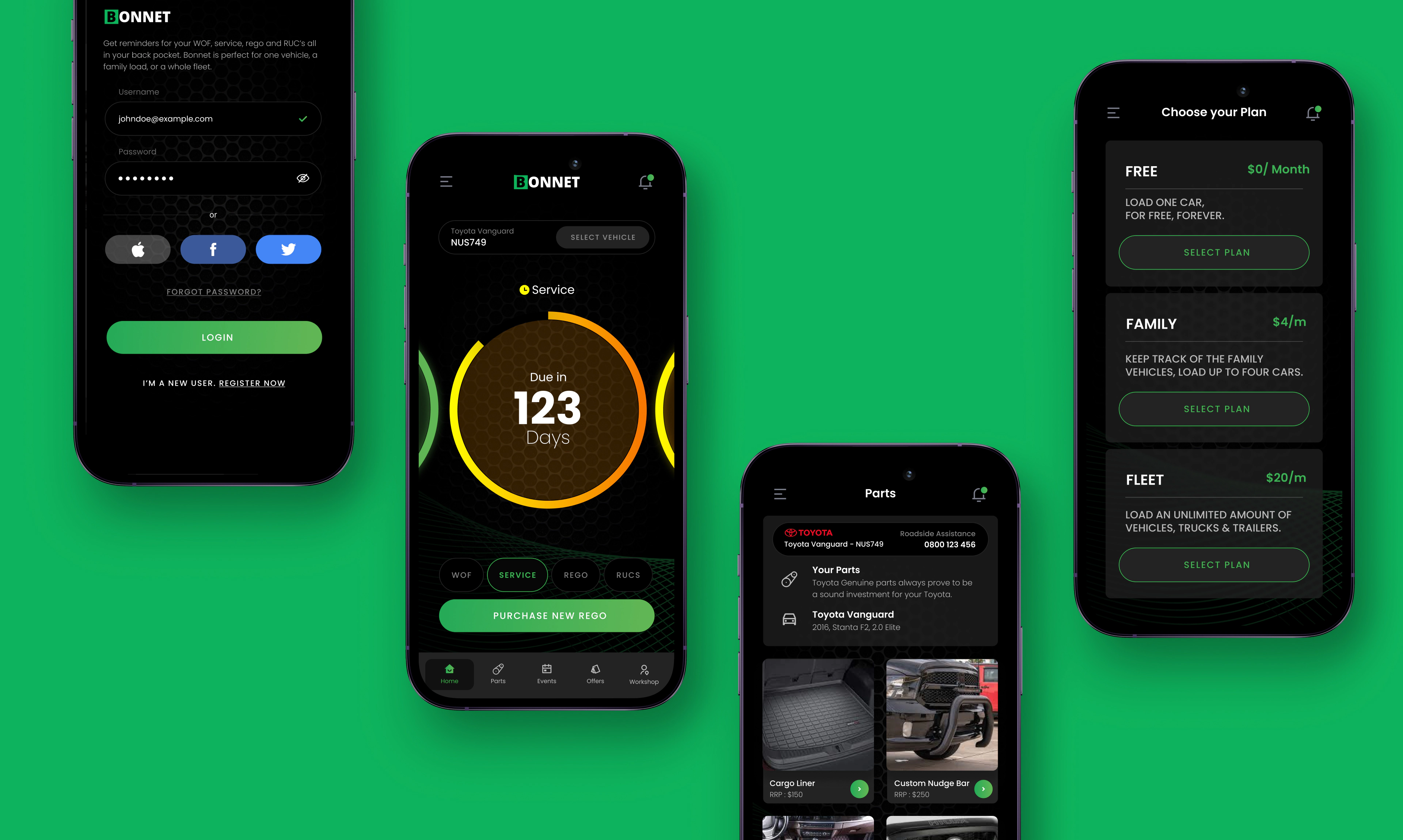 bonnet vehicle management app with alerts, parts catalog, and plan selection