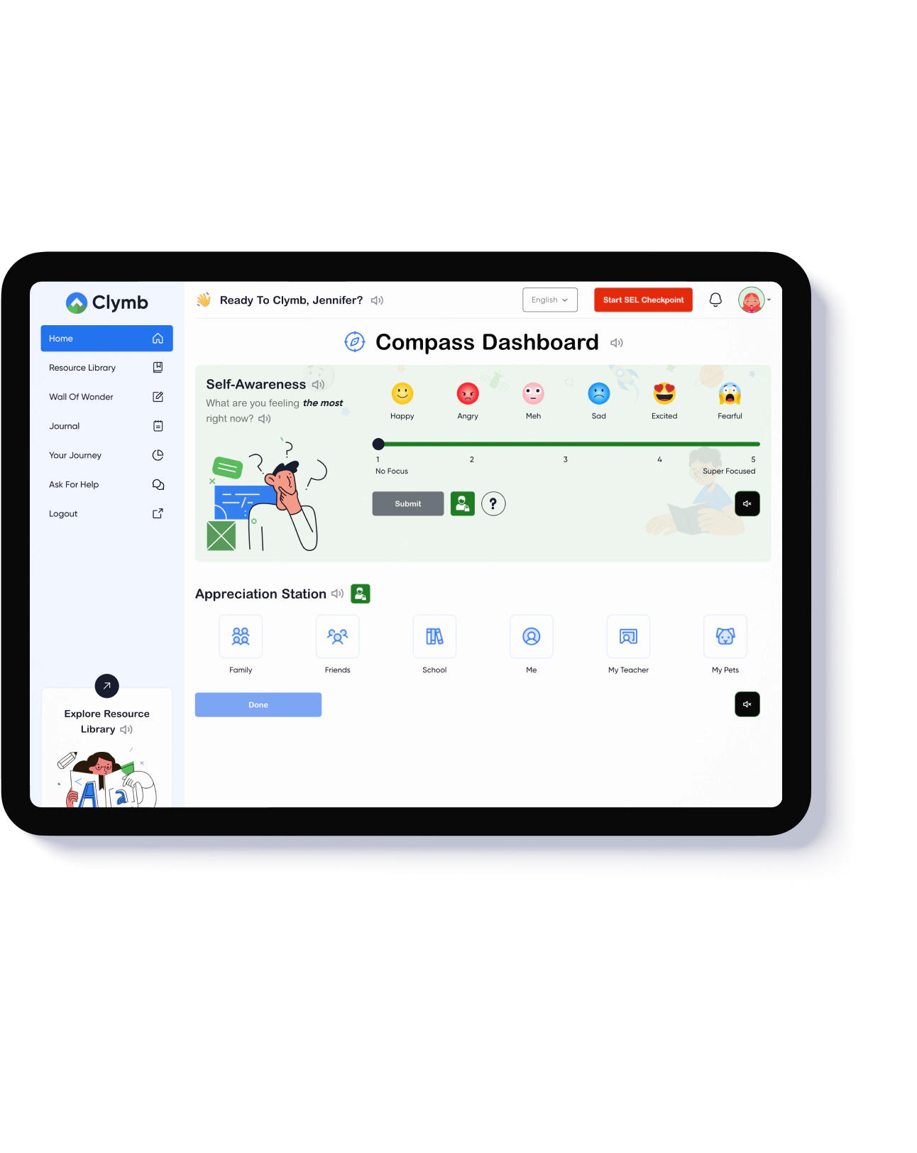 Clymb Compass Dashboard UI on tablet