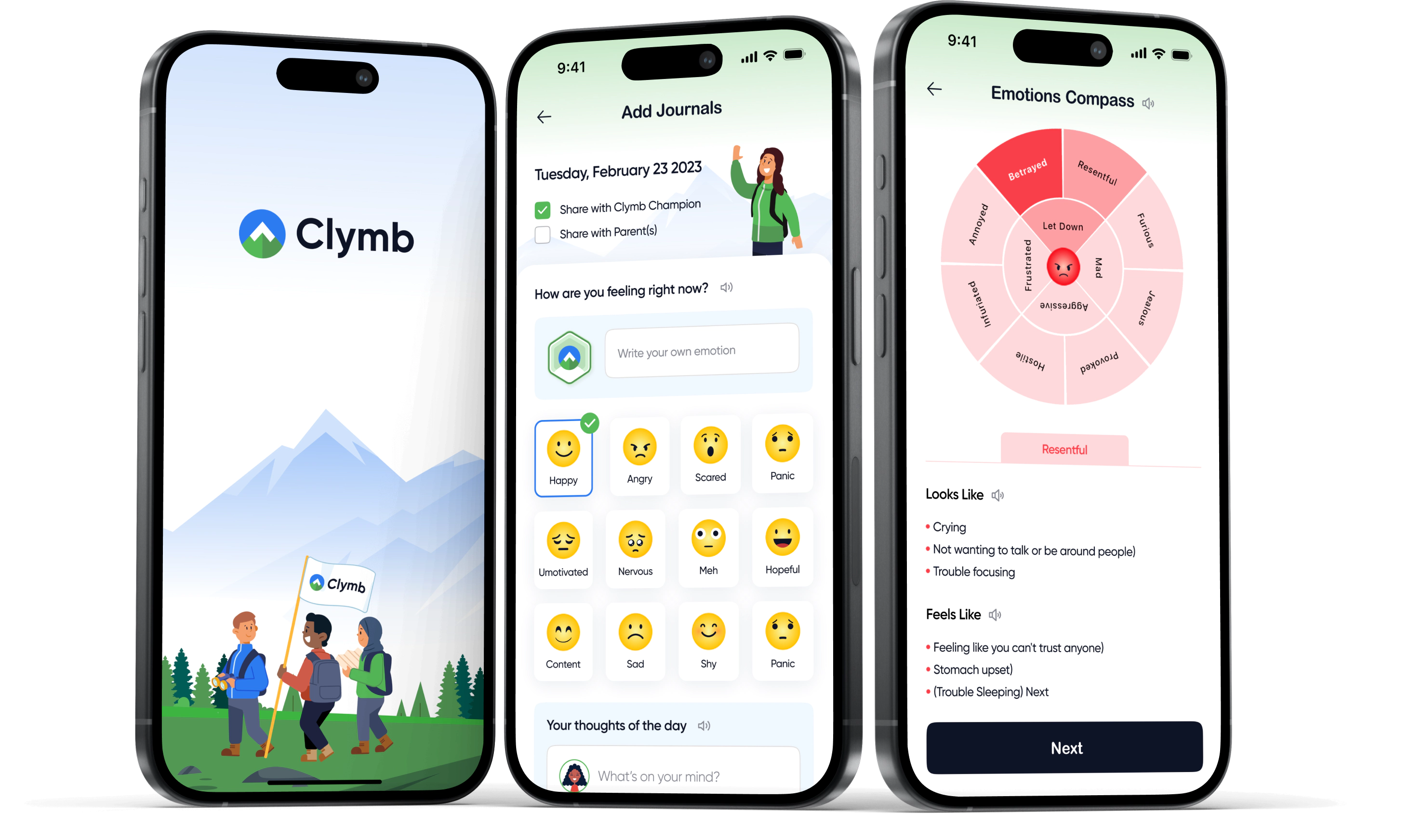 Clymb mobile screens with journal and emotion features