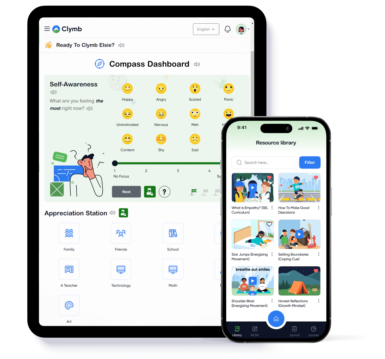 Clymb self-awareness dashboard and resource library UI