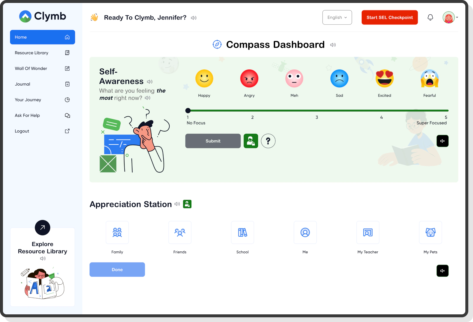 Clymb social emotional platform with child-focused emotional wellness program