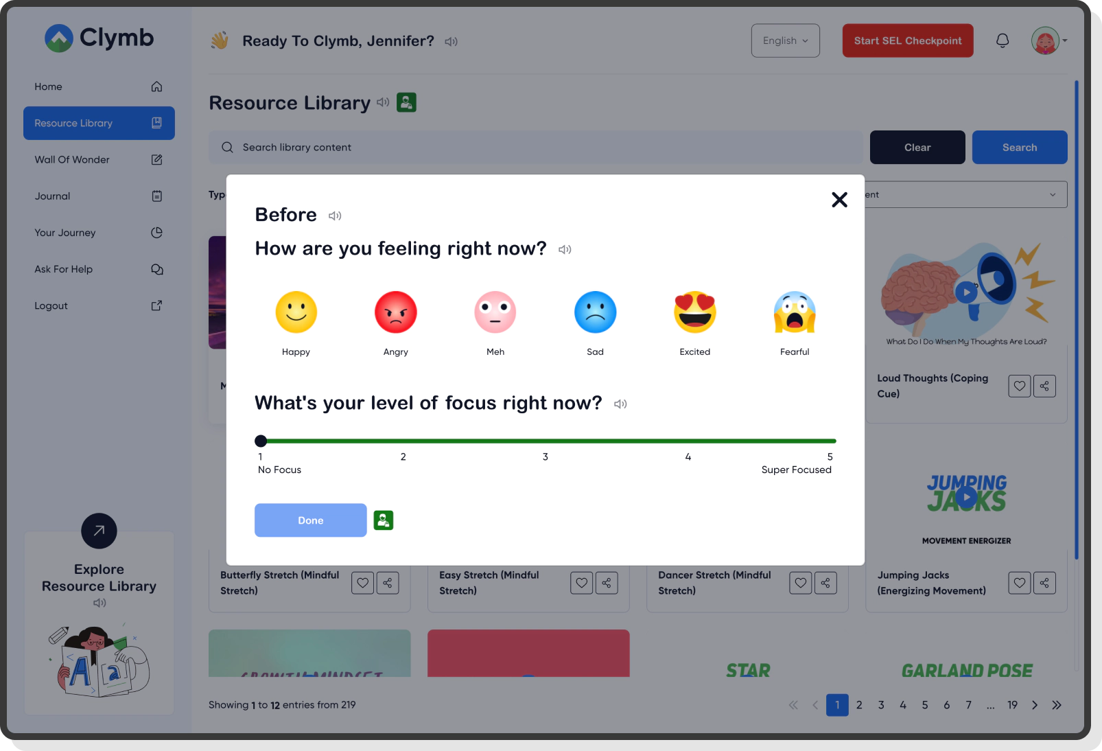 Student access point for emotional wellness learning activities