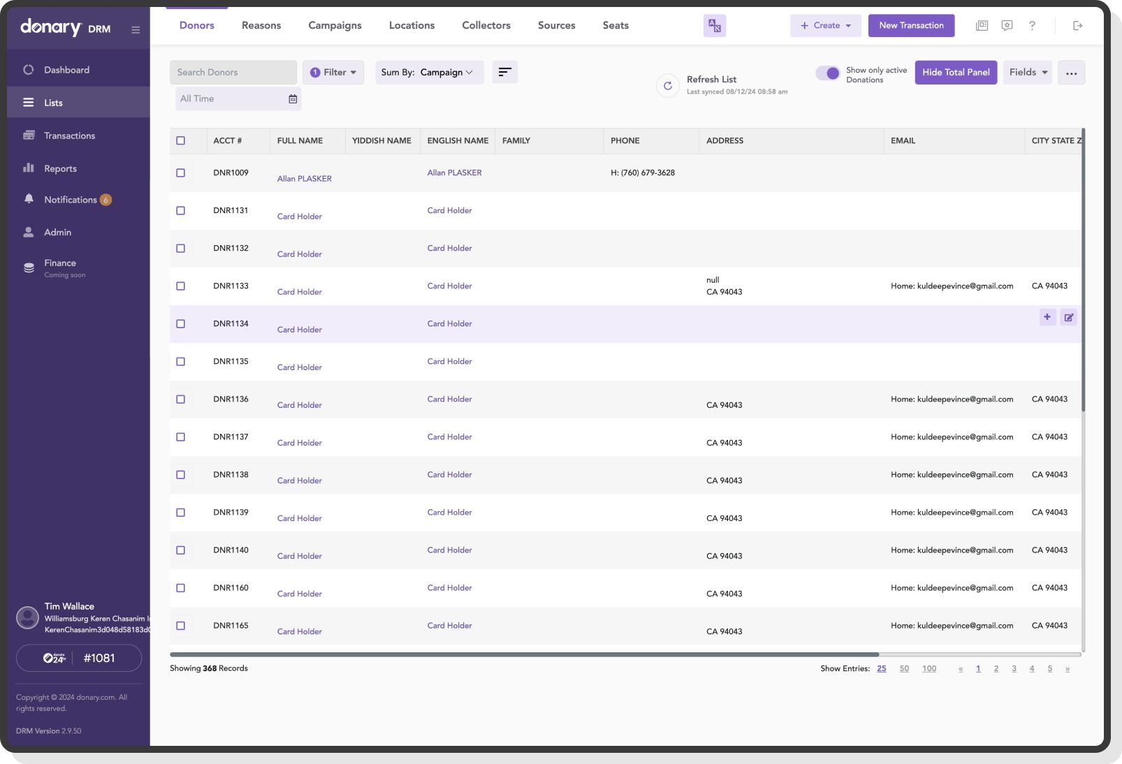list of donor records with names emails and addresses