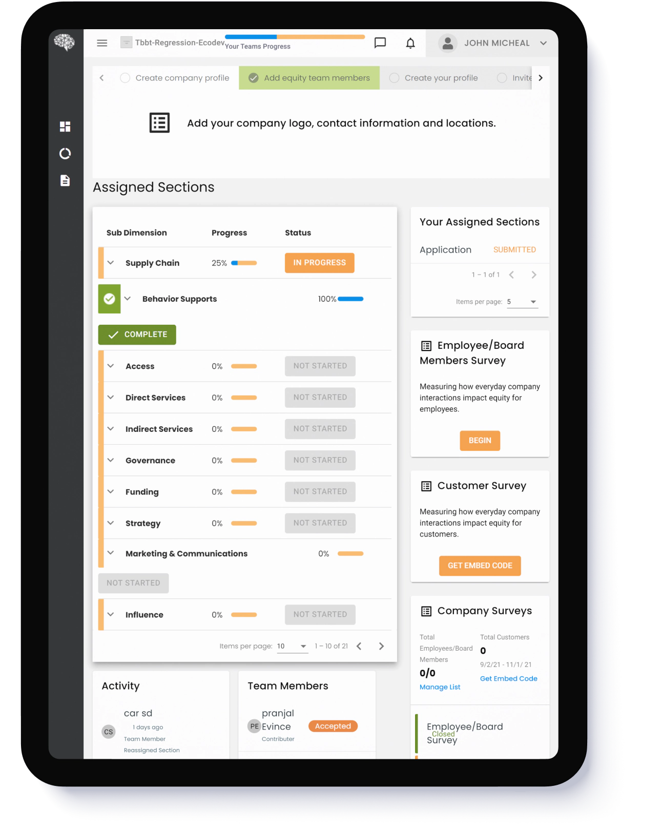 manage equity analysis with team assignments and survey status