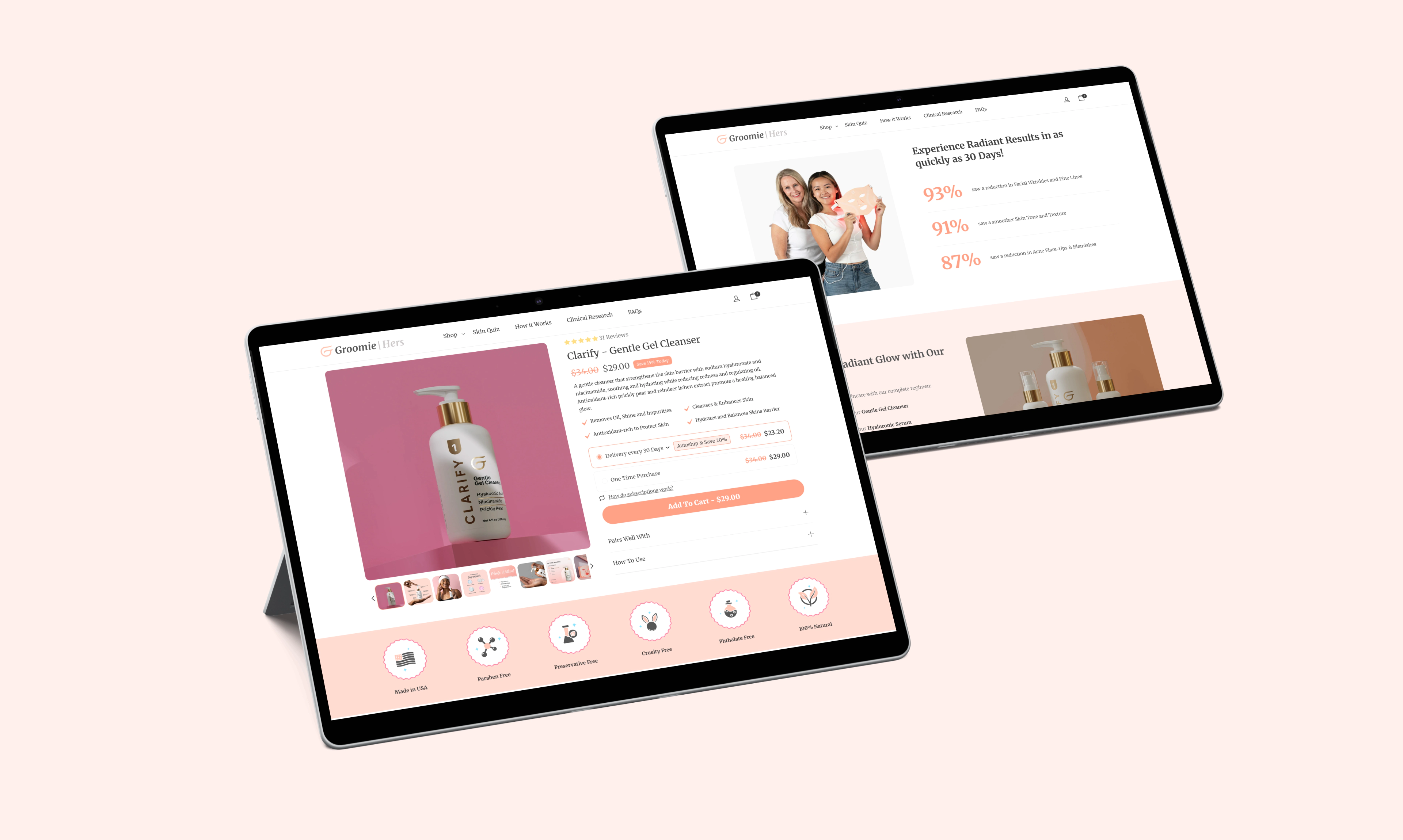 Groomie Hers Product Page and Clinical Results UI Design