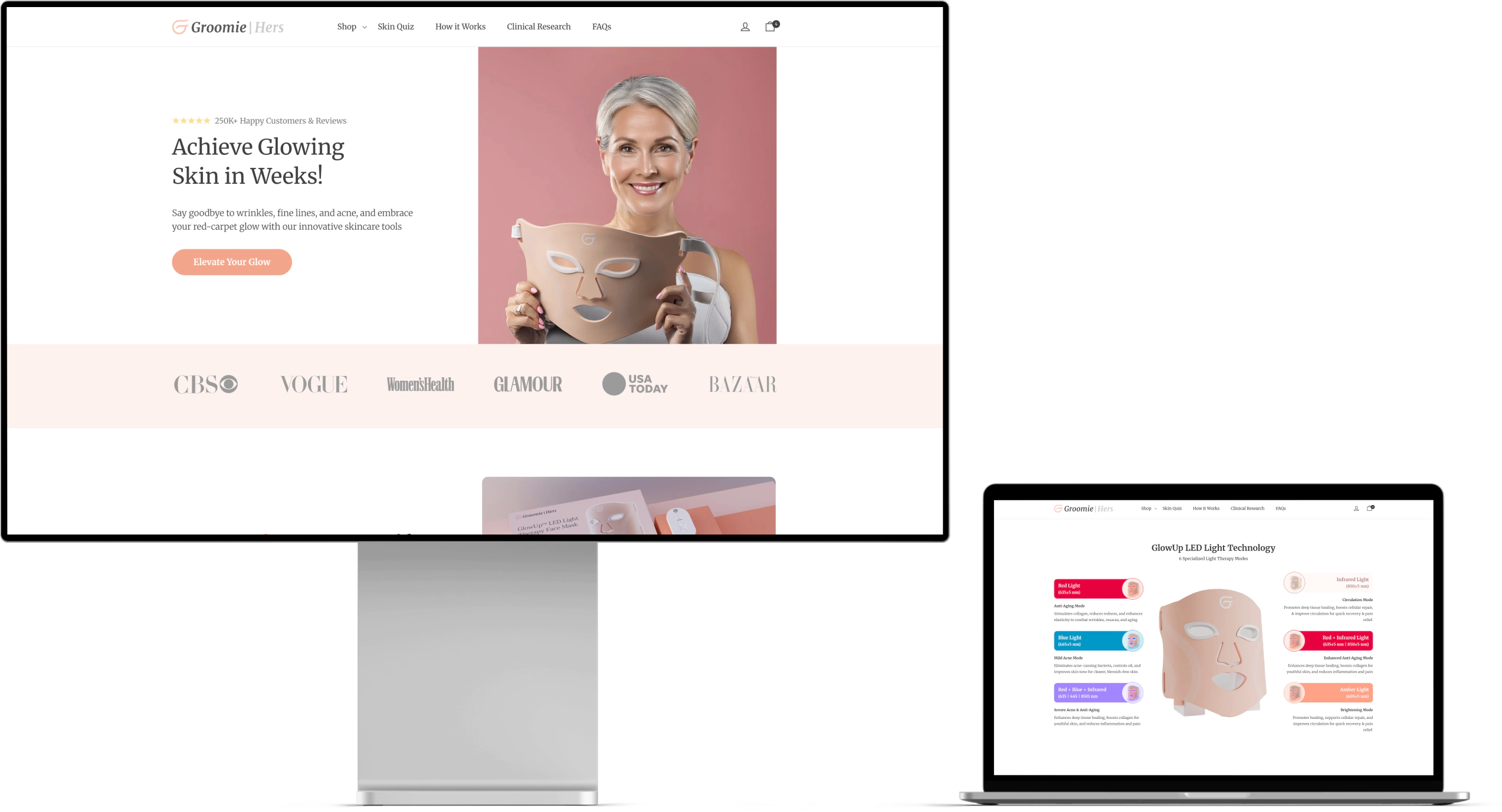 Groomie Hers Website UI on Desktop and Laptop  LED Skincare Tech Pages