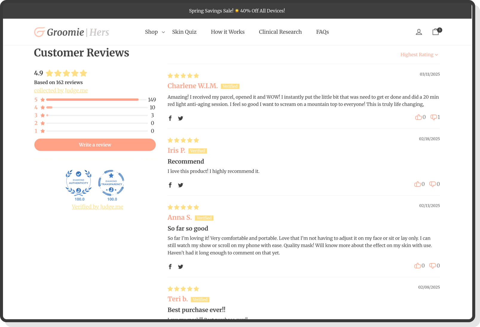 Groomie Hers Customer Reviews and Ratings UI with Verified User Feedback