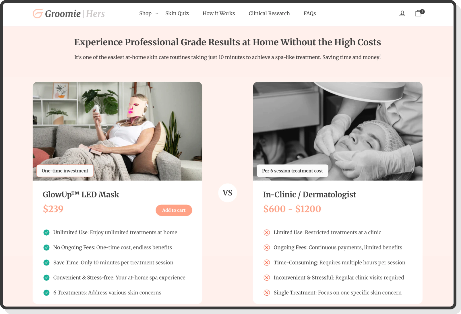 GlowUp LED Mask versus Dermatologist skincare treatment comparison layout