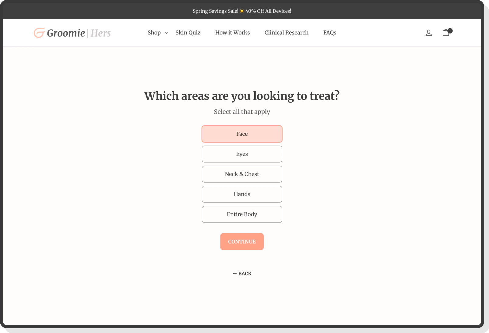 Groomie Hers Skincare Quiz UI Treatment Area Selection Screen