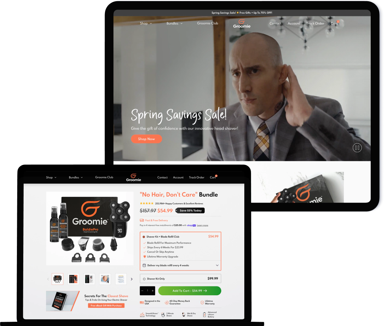 Groomie homepage and “No Hair, Don’t Care” bundle product page on screen mockups
