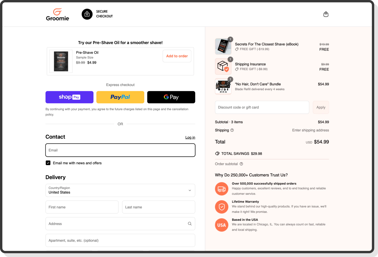checkout page showing express payment options and order summary