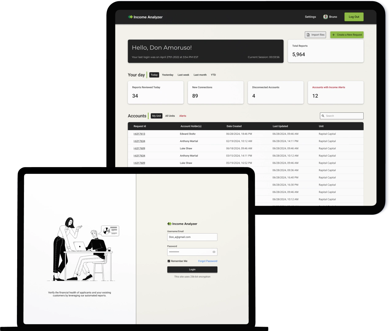 EvinceDev dashboard and login UI for Income Analyzer financial web app