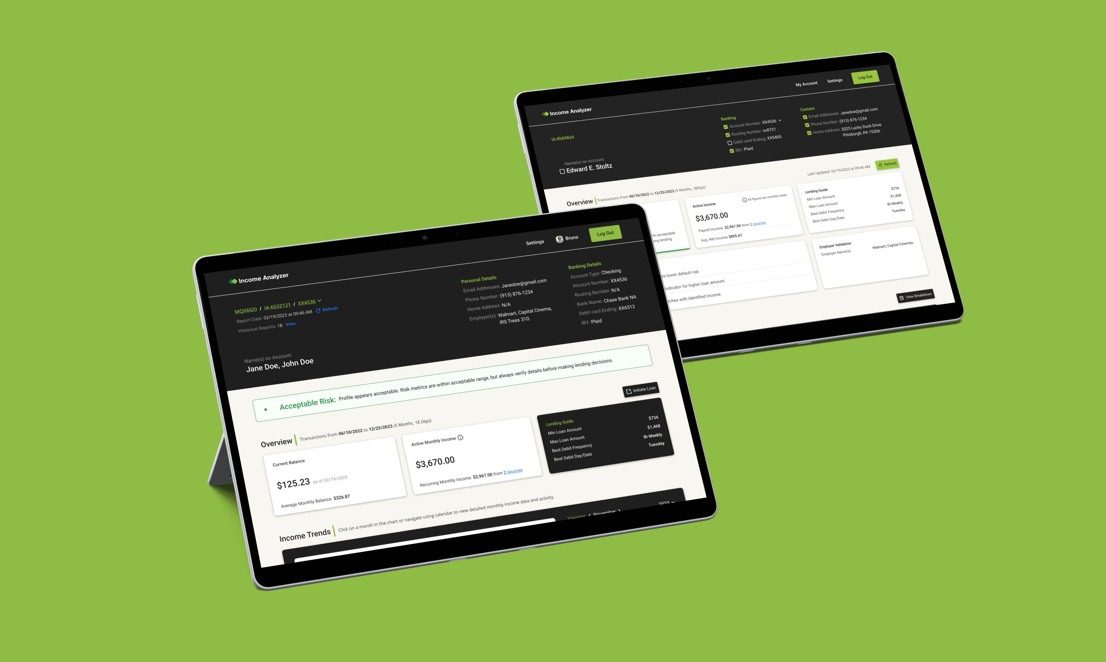 Income Analyzer UI showing risk status and income insights on tablets