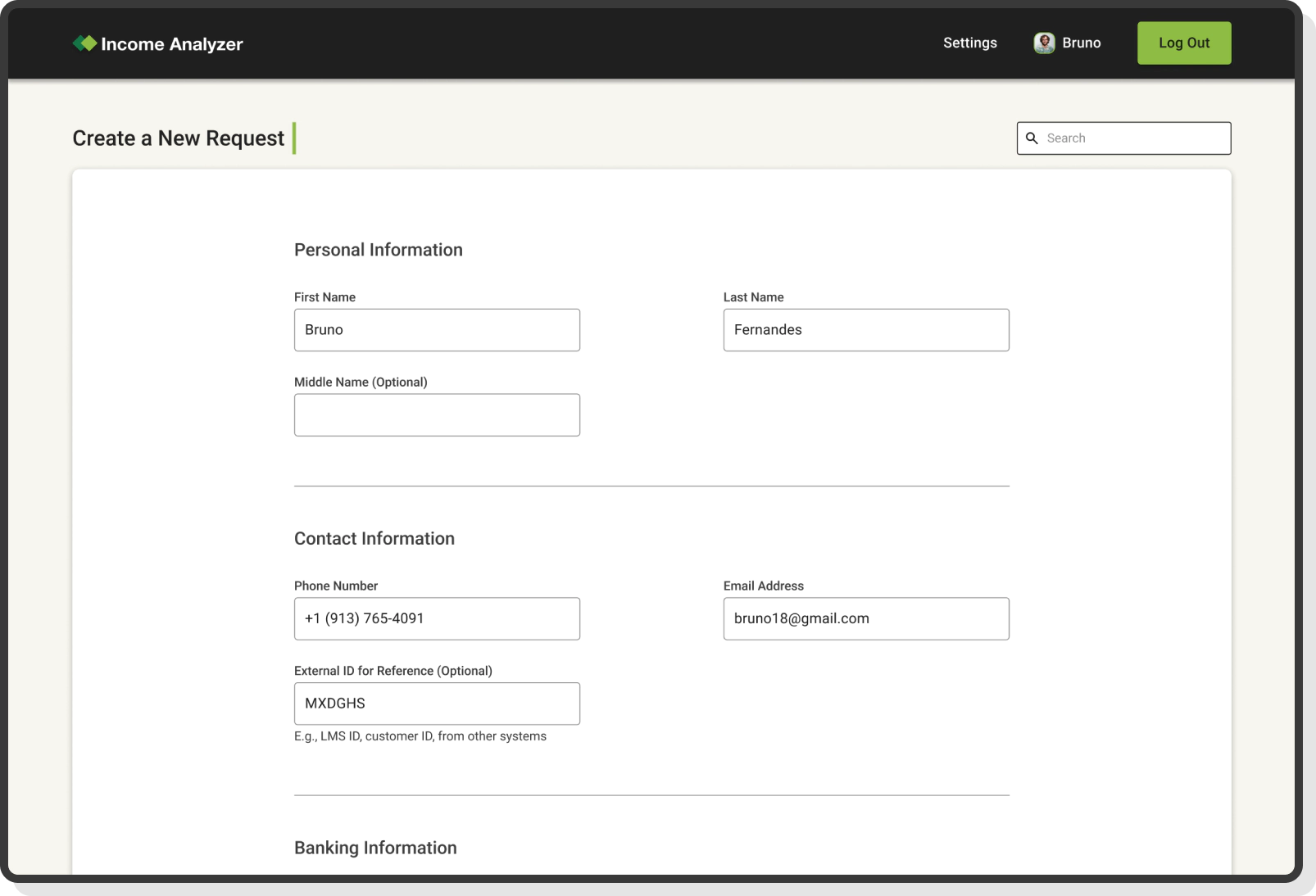 create request form with personal and contact information