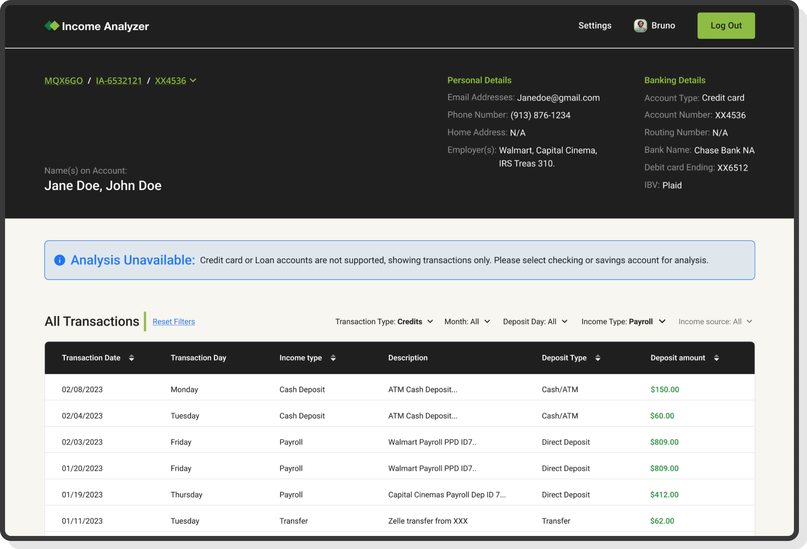 transaction summary with analysis unavailable for credit account