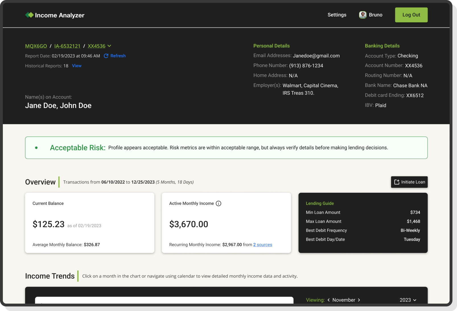 income analyzer platform with balance, trends, and loan eligibility data