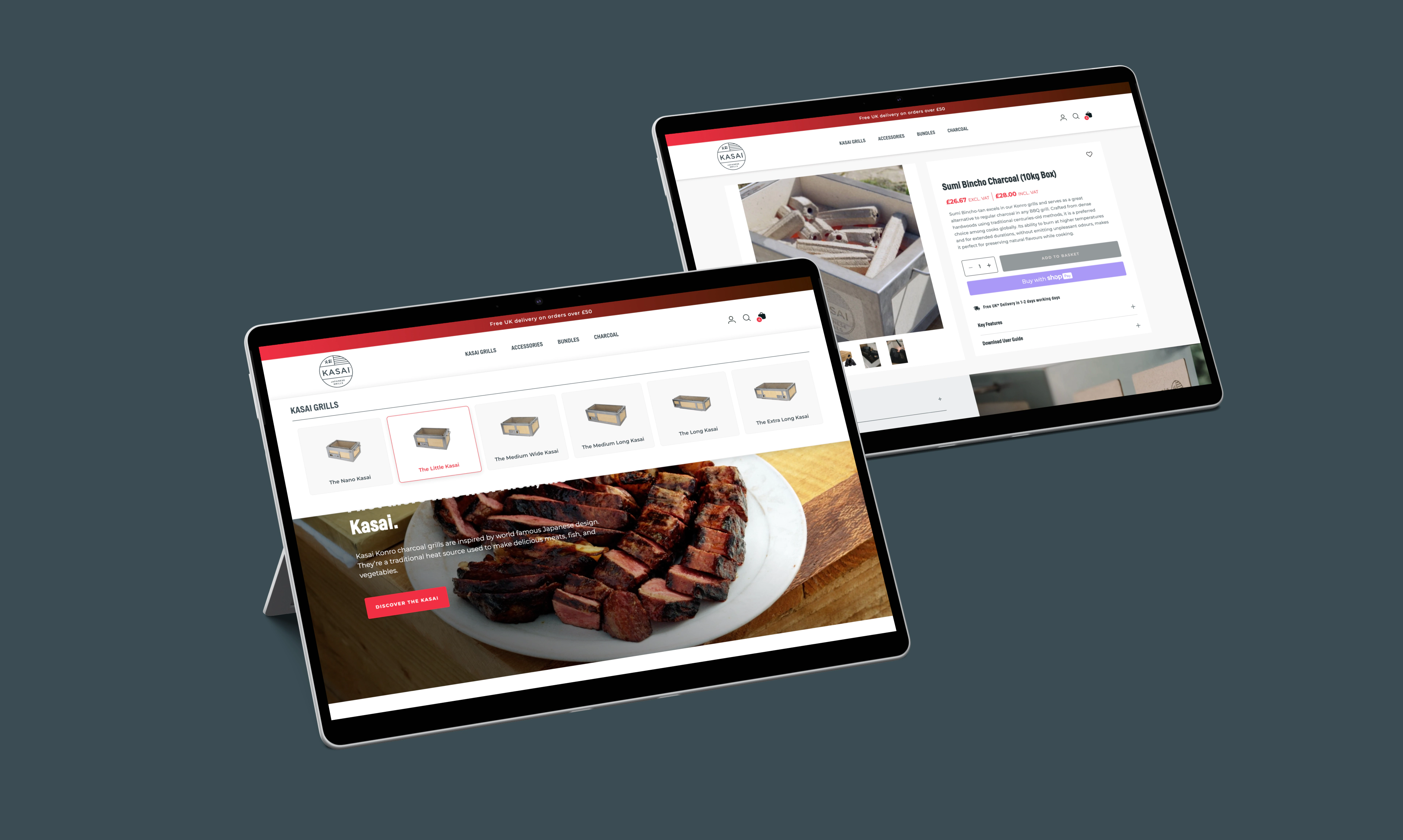 Kasai product page showing charcoal grill models and Sumi Bincho Charcoal listing