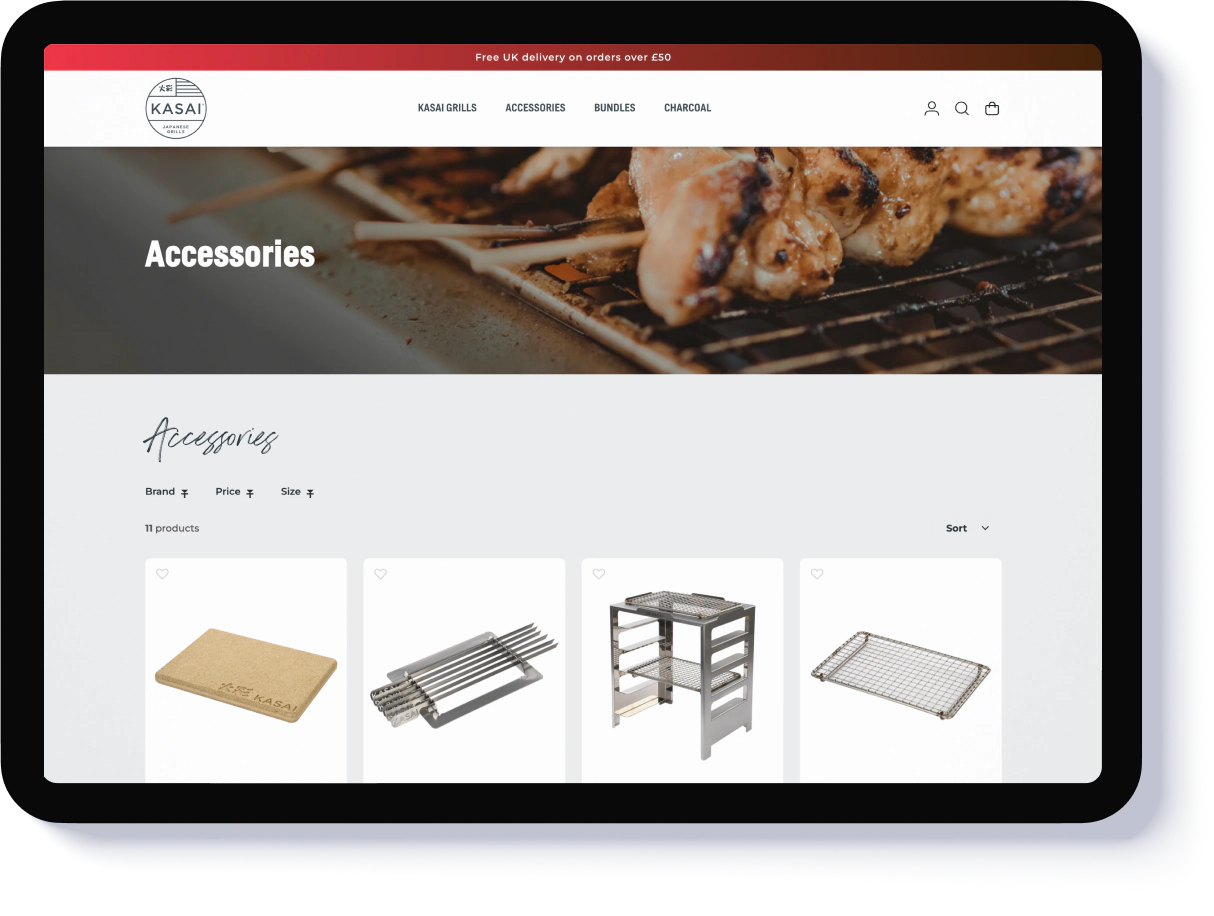 Kasai Grills accessories page showing grill tools and skewers