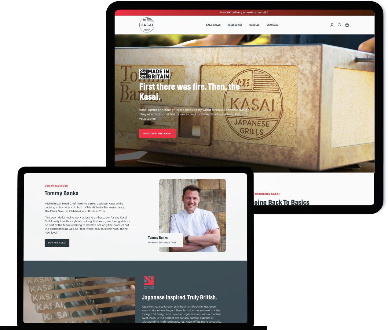 Kasai Japanese Grills homepage with Tommy Banks and charcoal grill product view