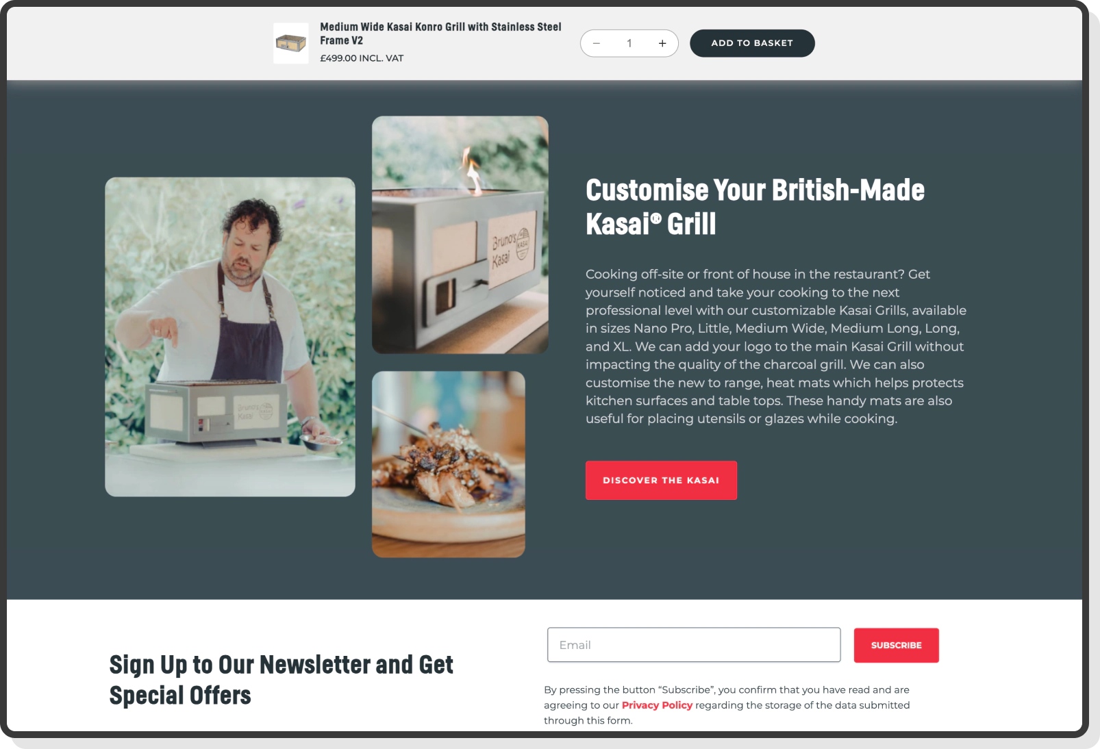 Customisable British-made Kasai grill with chef and product visuals