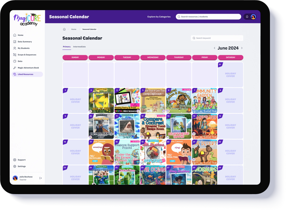 magicore seasonal calendar with daily educational activities