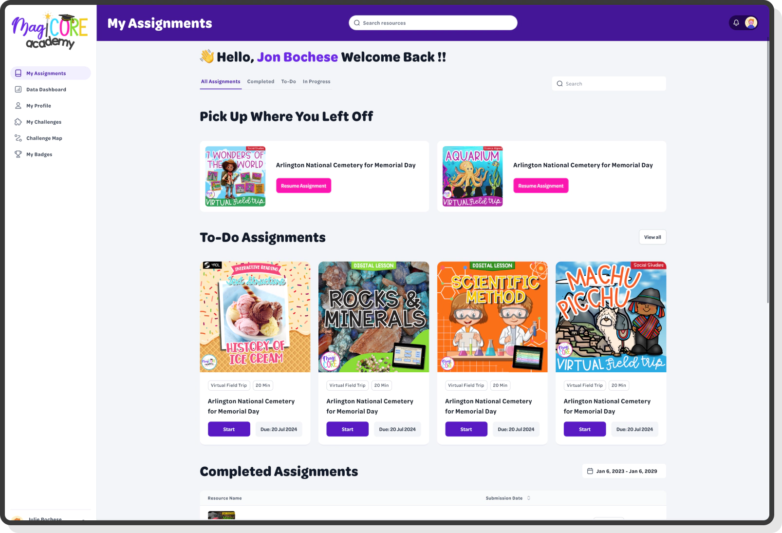 assignment overview with status and activity