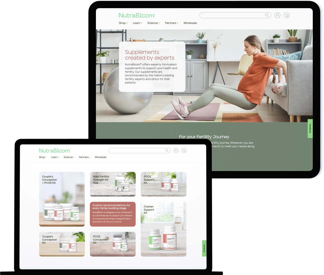 NutraBloom fertility supplement site homepage and product category interface