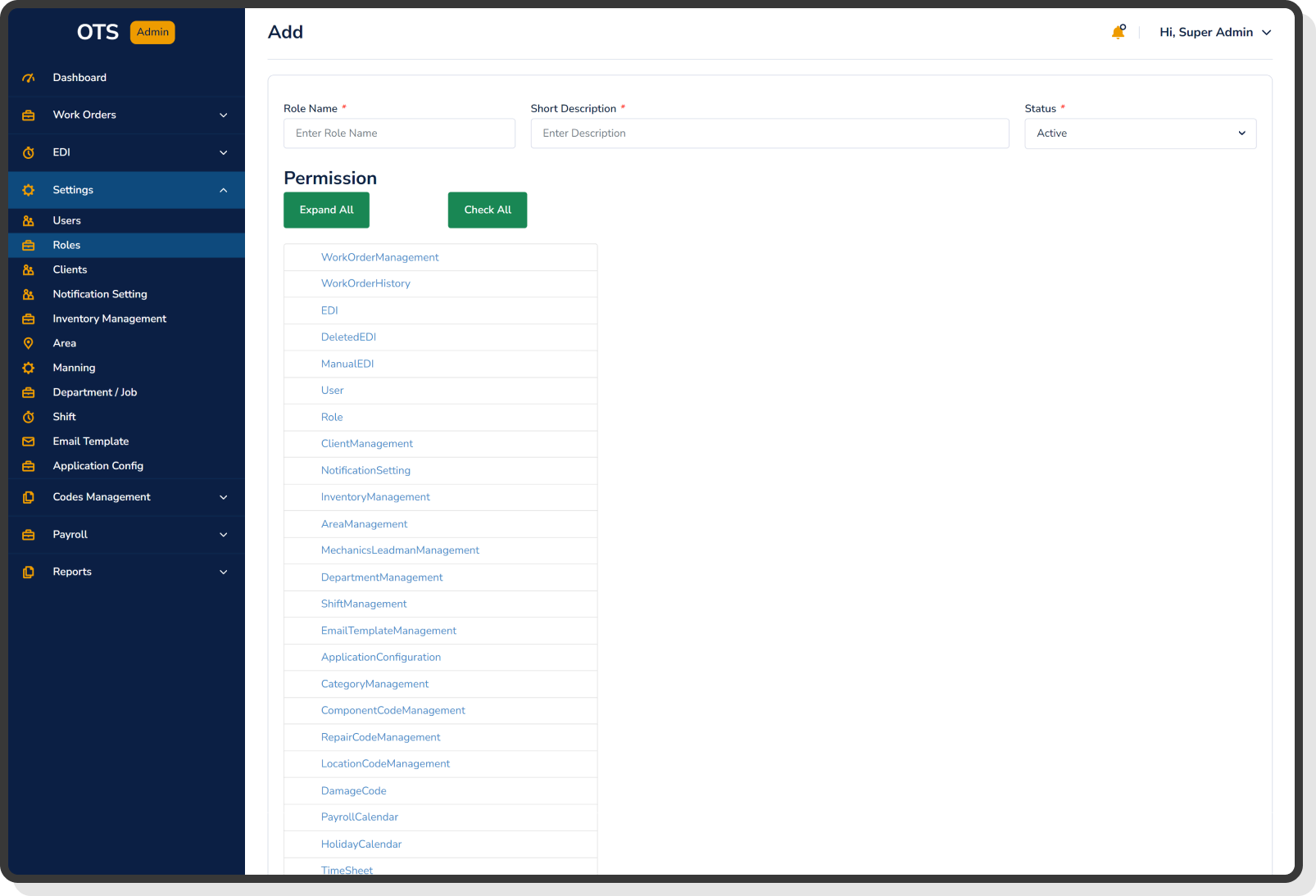 ots admin role creation with permissions checklist