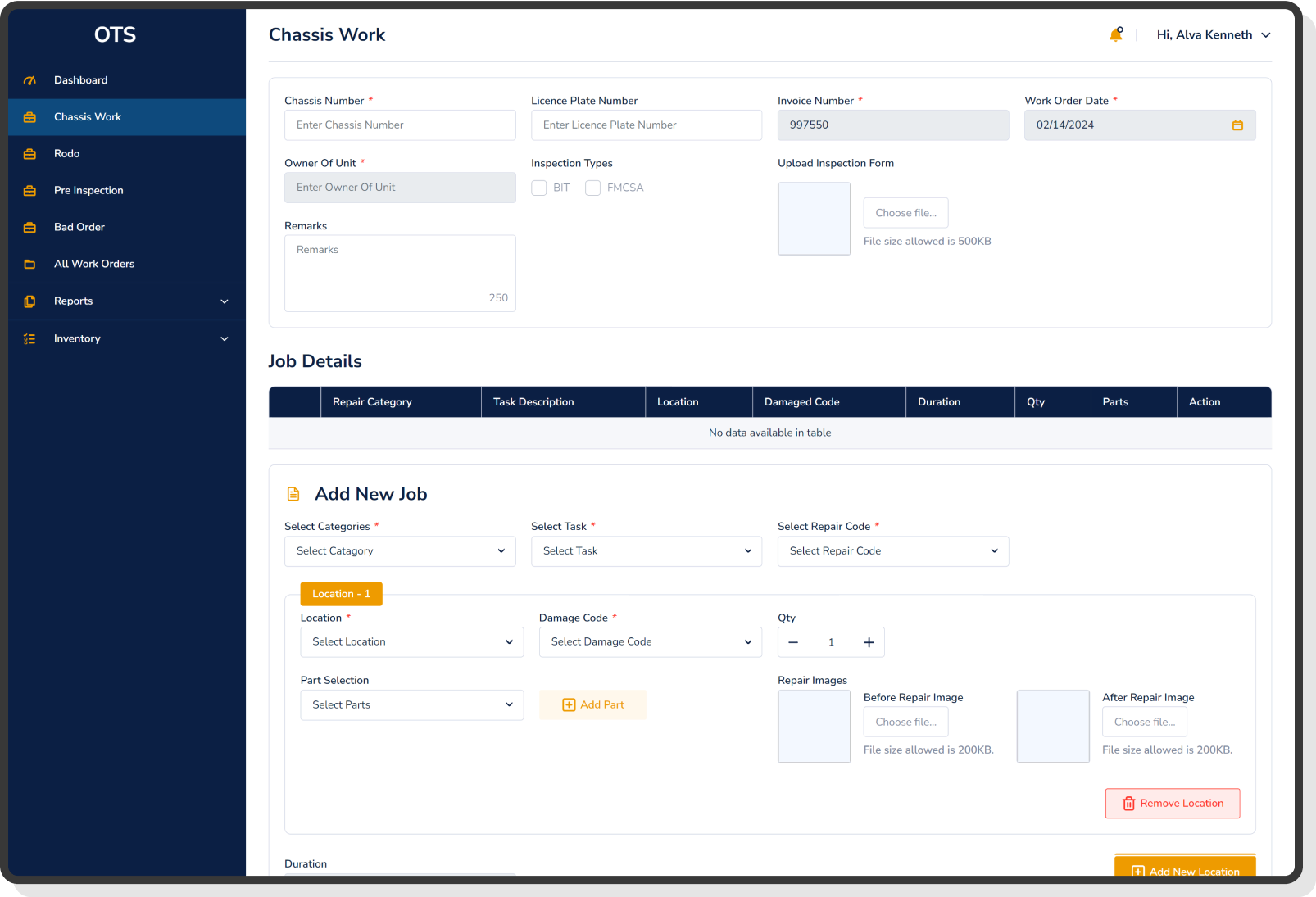 chassis work entry and job creation form with part selection
