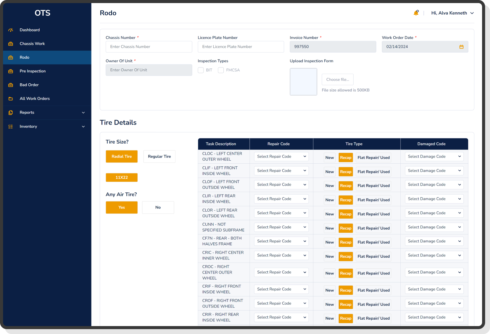 inspection entry form with chassis tire and repair selection