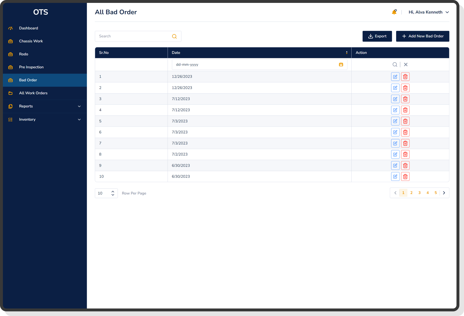 order log with datewise list and edit delete options