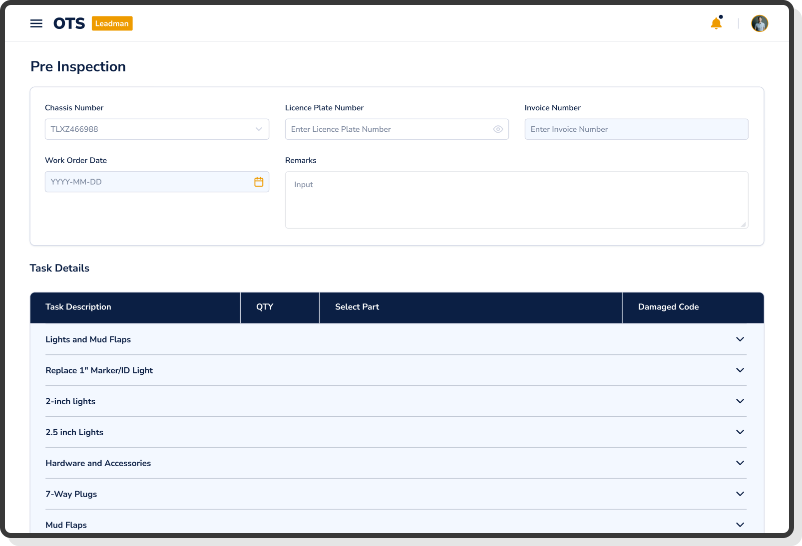task-based pre inspection form with chassis and parts section