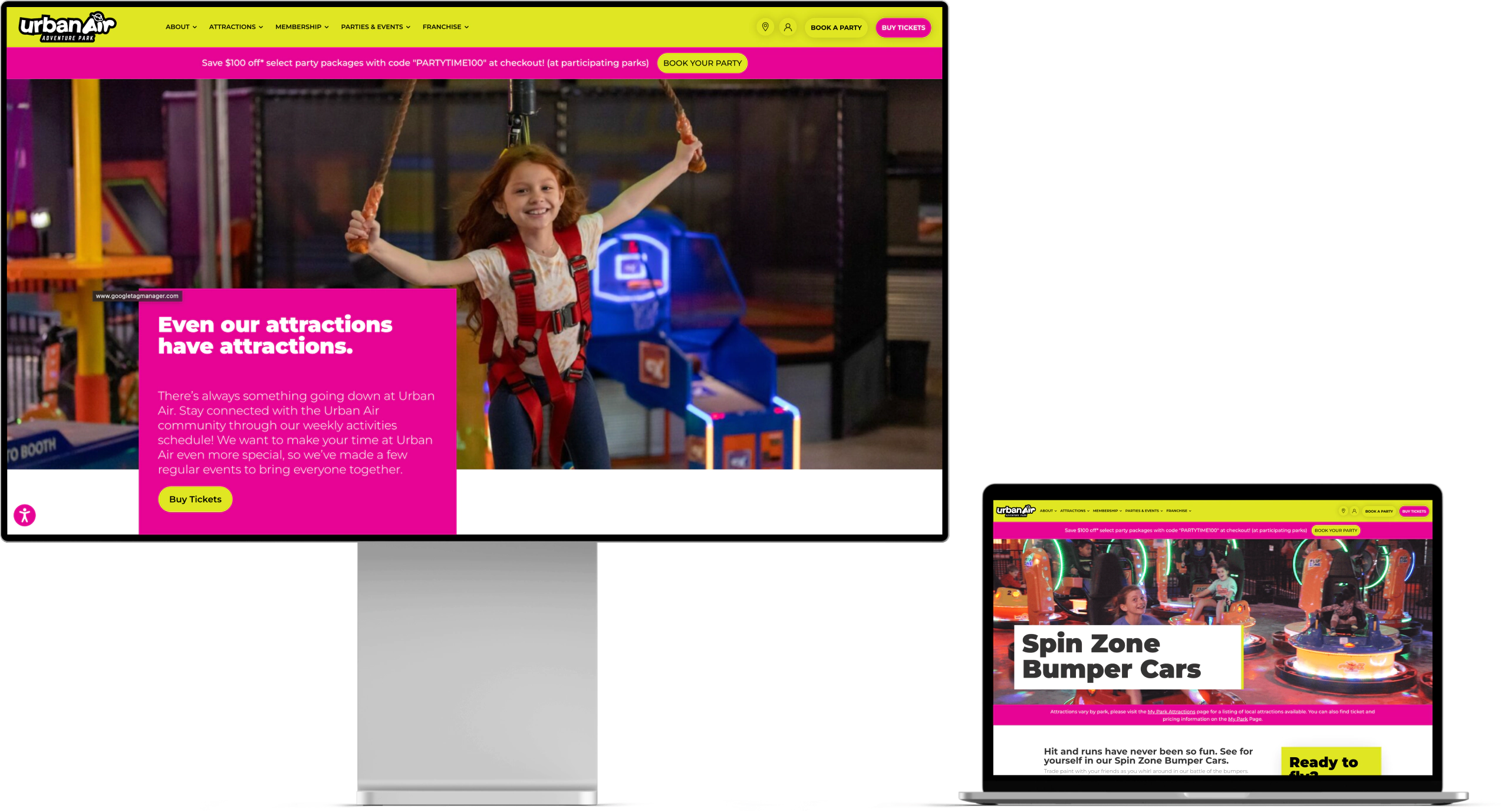 Urban Air attractions and Spin Zone web pages